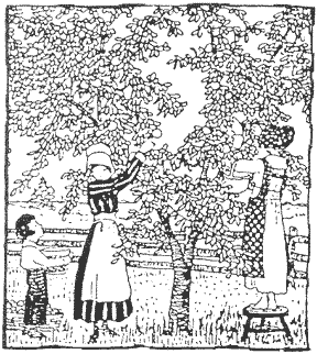 Woodcut print of people picking fruit