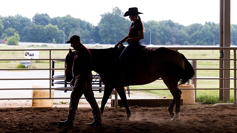 Student riding horse as professor walks next to them.