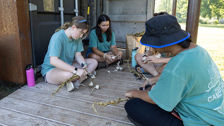 Students braiding garlic