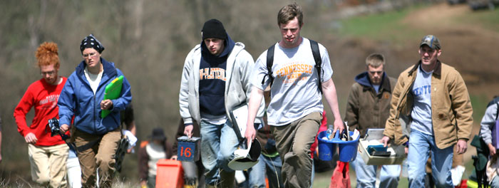 Students heading out to a research site